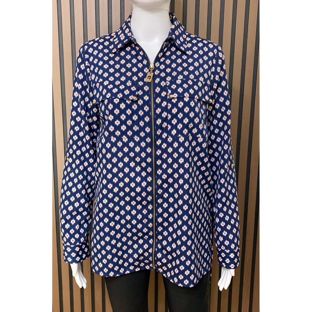 Michael Kors Navy Blue Geometric Ikat Full Zip Blouse Top Long Sleeve Small